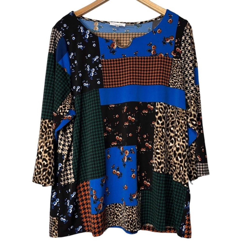 Calvin Klein Floral Patchwork Top Cheetah Print Gold Tone Career Work Casual